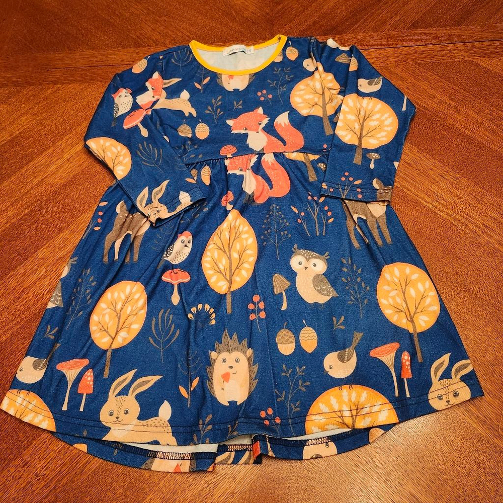 Girls Sunshine Swing Casual Dress Size 5 Blue Orange Woodland Print A2